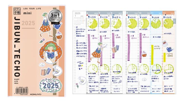 （左）ジブン手帳 2025 ファーストキット サーモンピンク　パッケージ例 （右）ステッカー使用例